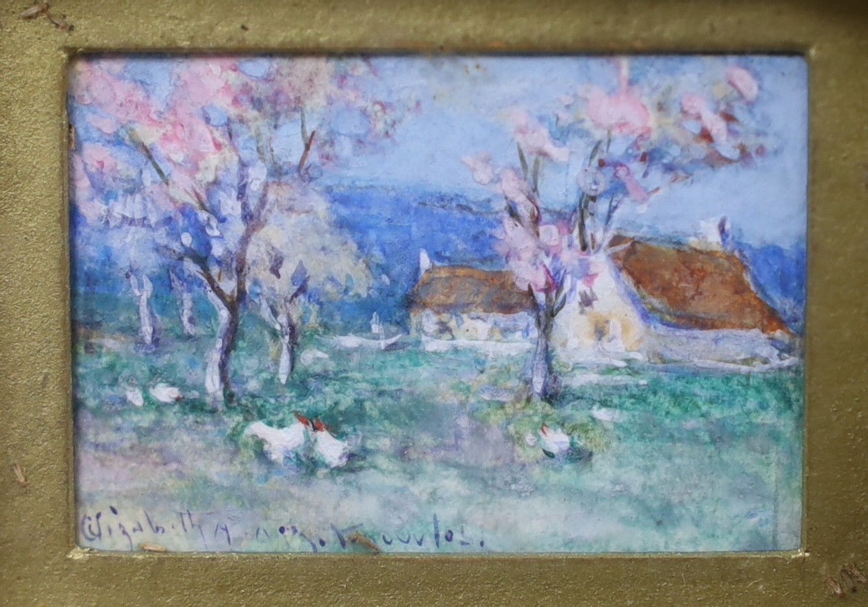 Elisabeth Annie McGillivray Knowles (1866-1928), two dolls house watercolours, Blossom trees and cottages, and Pine trees under moonlight, 2.25 x 3cm and 3.5 x 1.5cm, in gilt gesso frames with outer glazed ebonised frame